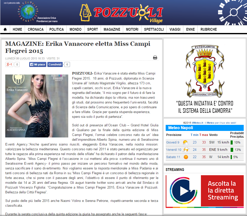 articolo finale Erika vanacore miss campi flegrei 2015  napoli village magazine